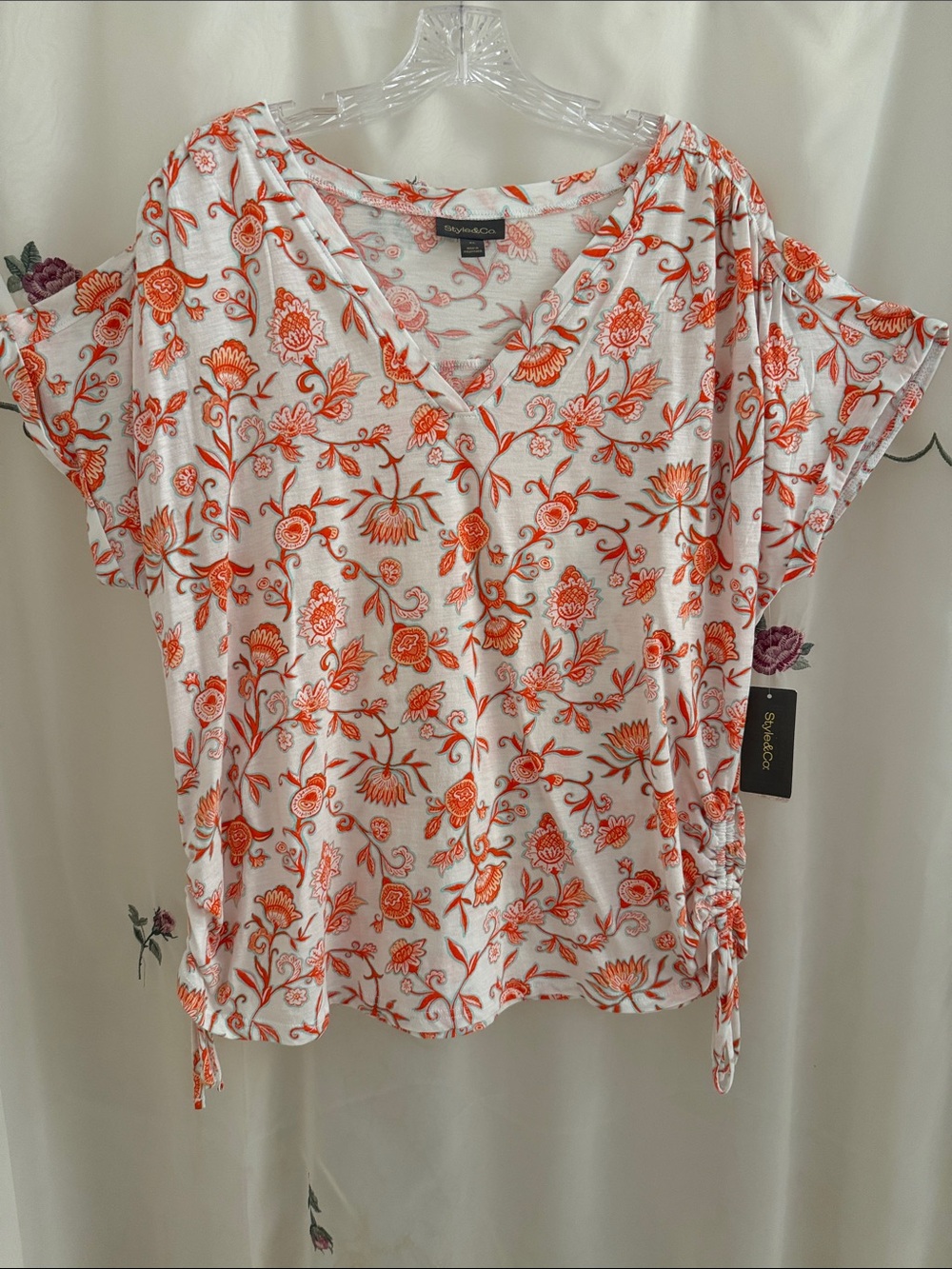 Style & Co. White Top with Coral Floral Print